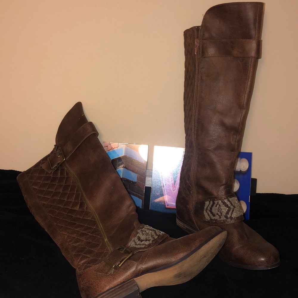 Brown knee high buckle boots